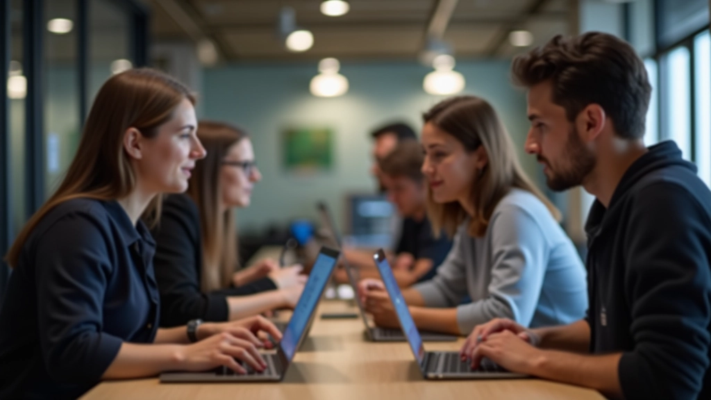 Makine öğrenimi topluluğunun canlı bir buluşmasında insanlar fikir alışverişi yapıyor ve dizüstü bilgisayarlarında kod yazıyor