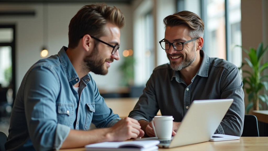 Bir buluşmada iki kişi laptop ekranını birlikte inceliyor ve kod üzerinde işbirliği yapıyor, samimi bir ortamda